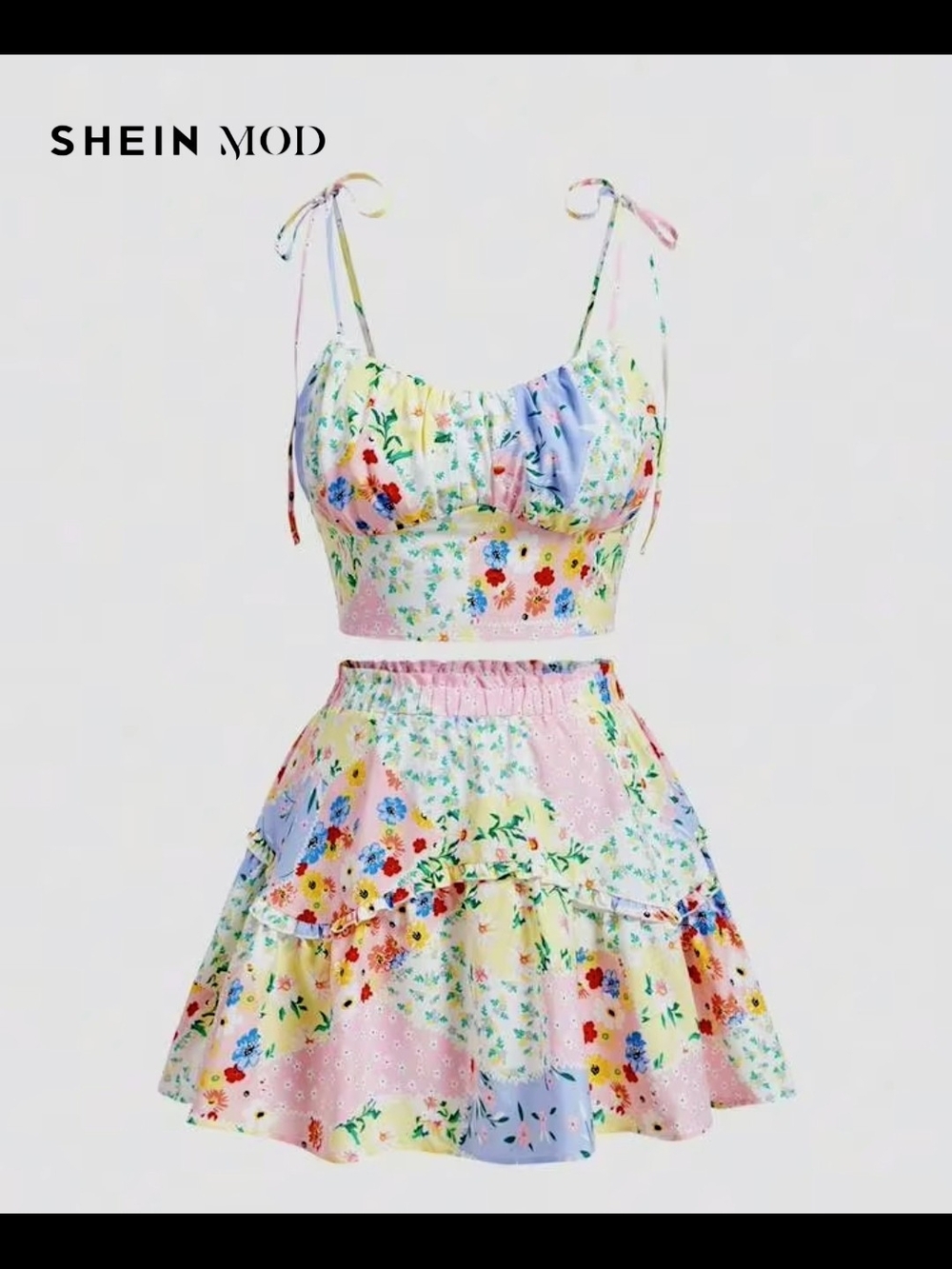 SHEIN Pastel Multicolor Floral Ruffle Mini Skirt - Pink, Yellow, Blue